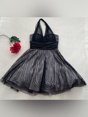 Betsy & Adam Black Halter Cocktail Dress with Beaded A-Line underskirt